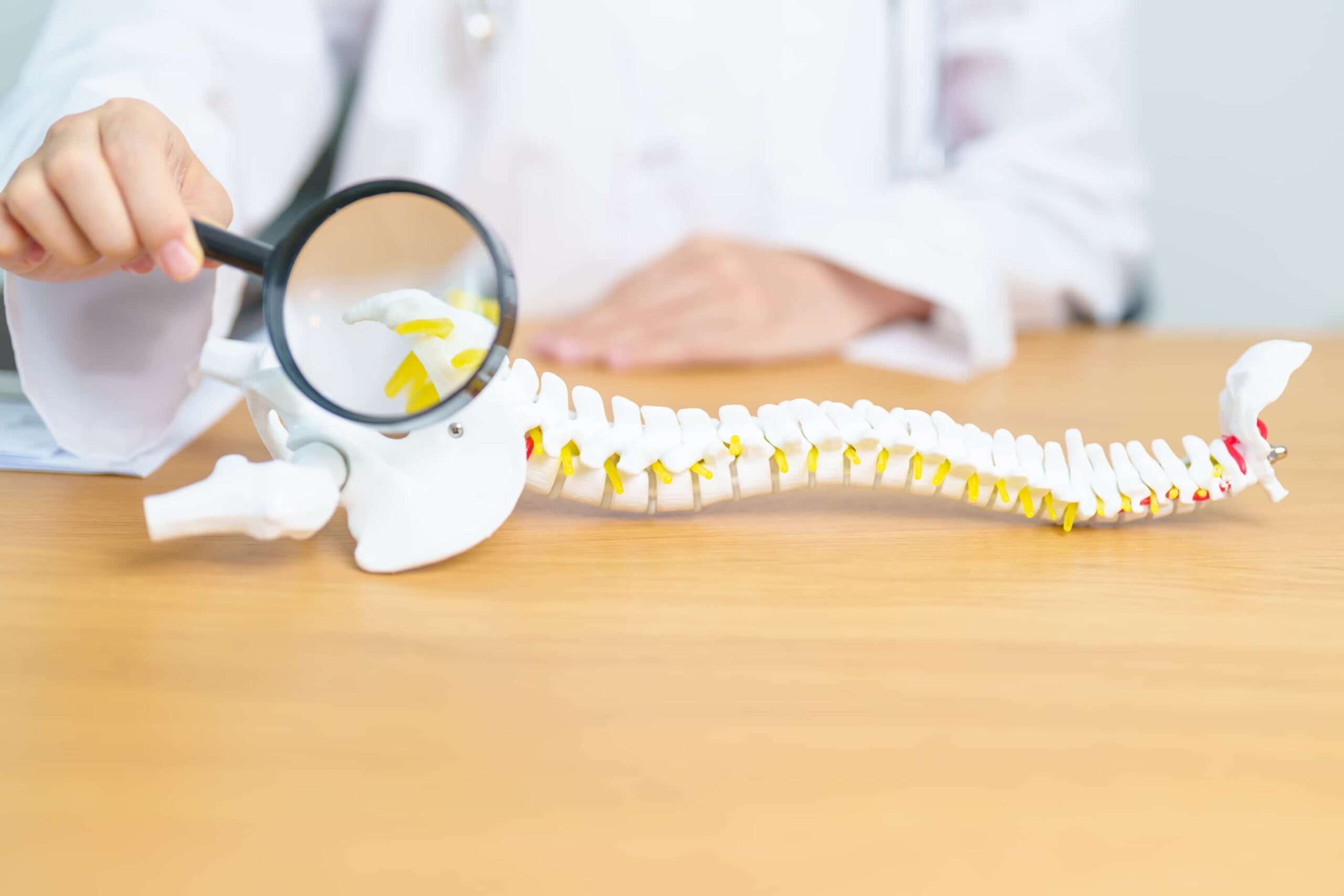 fisioterapeuta avaliando coluna com lupa